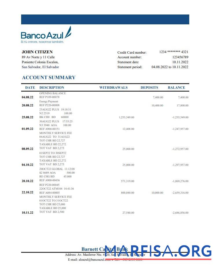 Printable Salvador Banco Azul bank statement excel template